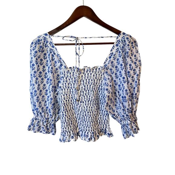 OLIPHANT Smocked Blouse Flora Blue Sz Small Square Neck Coastal Preppy $116 MSRP - Picture 5 of 8